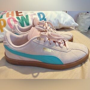 Puma Pink Suede Sneakers with Blue Formstrip and Gum Sole